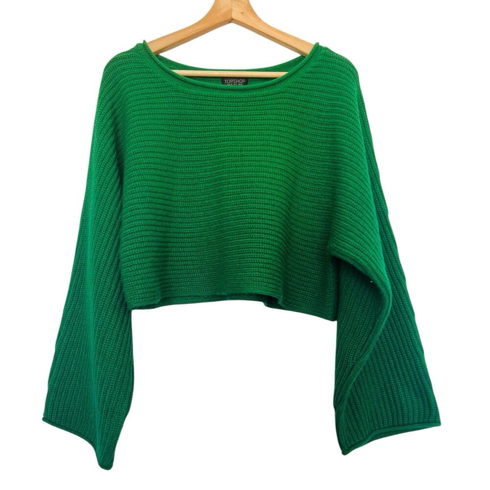 TOPSHOP Green Ribbed Knit Sweater Sz 8 Crop Dolman Sleeves Western Boho